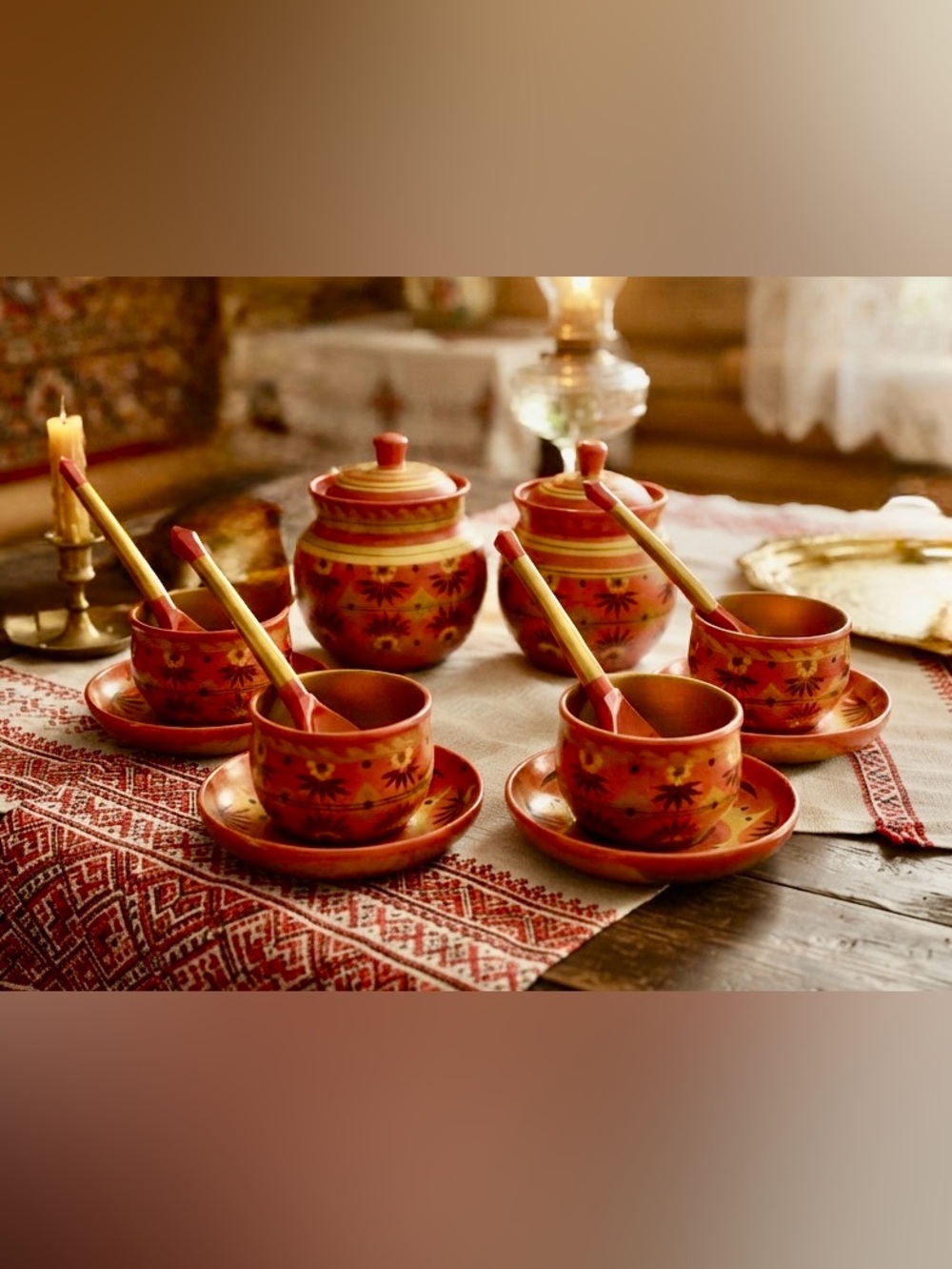 Vintage Soviet Khokhloma Wooden Tea Set - "Festive" 14-Piece Set USSR 1980s